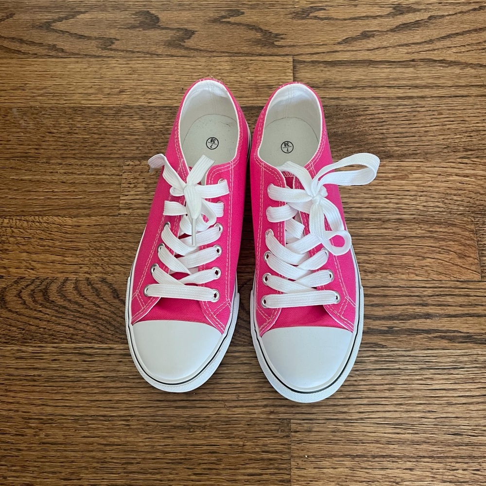 Bright Pink Low-Top Canvas Sneakers with White Laces